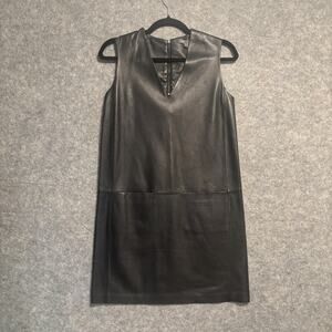 Vince Dress Womens Size 2 Black Genuine Lamb Leather Sleeveless Shift V Neck Zip